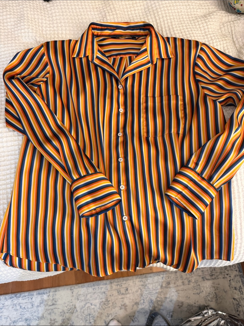 Zara Men's Orange, Navy & Cream Striped Button-Down Shirt